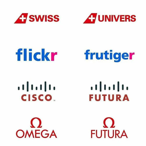 Fontes logos swiss, cisco, omega, futura, frutiger, avant gard