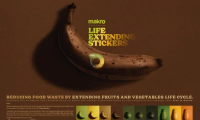 Adesivos Life Extending Stickers da Makro em frutas e vegetais, promovendo consumo consciente e sustentabilidade.