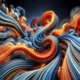 Ilustração abstrata hiper-realista em formato 16:9, com texturas fluidas e cores vibrantes como azul, laranja e vermelho. Elementos de luz e sombra criam profundidade, simbolizando inovação, criatividade e as tendências futuras na produção comercial.