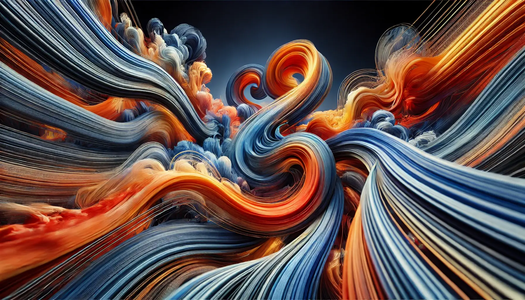 Ilustração abstrata hiper-realista em formato 16:9, com texturas fluidas e cores vibrantes como azul, laranja e vermelho. Elementos de luz e sombra criam profundidade, simbolizando inovação, criatividade e as tendências futuras na produção comercial.