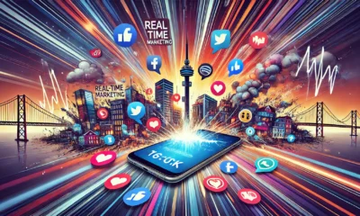 DALL·E 2025 02 17 19.41.06 A dynamic 16 9 digital illustration representing real time marketing. The image features a breaking news scenario with brands reacting instantly on so