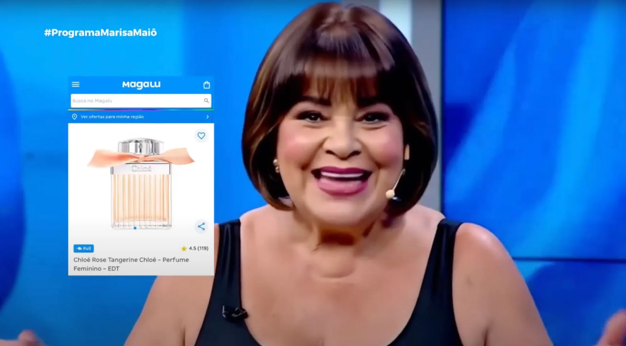 Marisa Maiô na campanha do Magalu para o Dia dos Namorados com maiô preto e cenário de palco