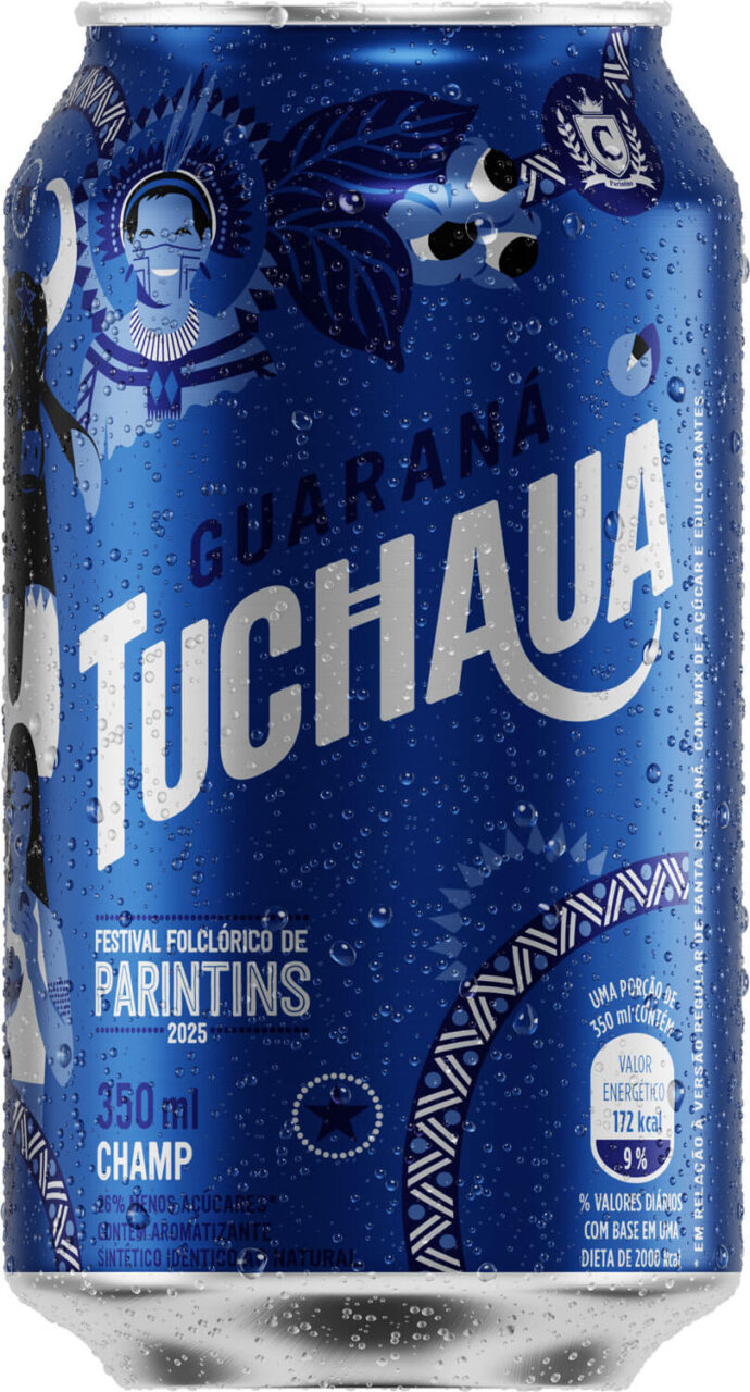 Latas comemorativas do Guaraná Tuchaua para o Festival de Parintins 2025 com grafismos indígenas