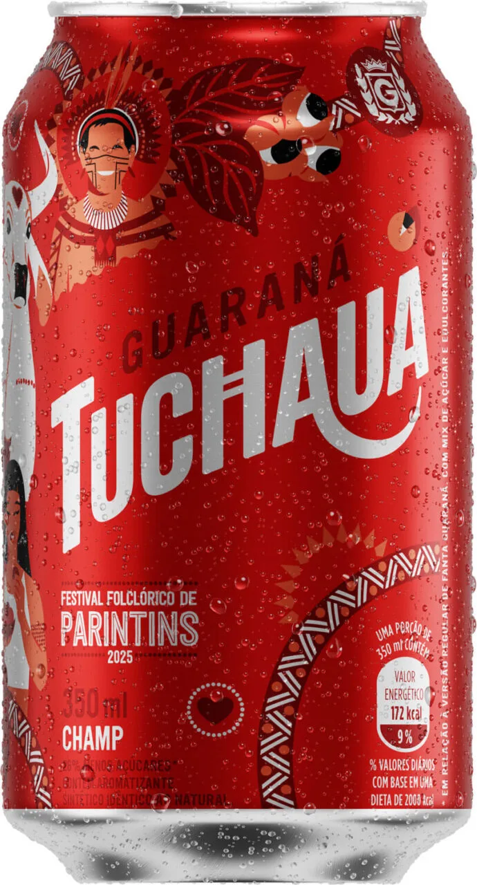 Latas comemorativas do Guaraná Tuchaua para o Festival de Parintins 2025 com grafismos indígenas