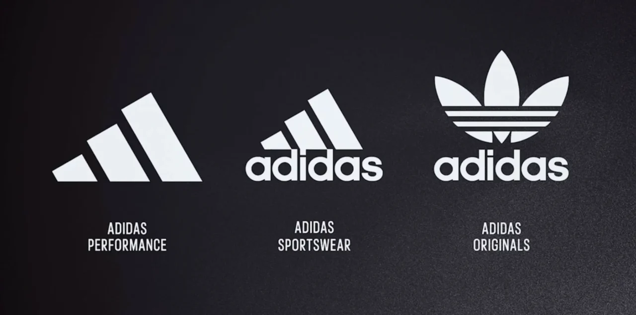 história da logo da Adidas com três listras, trefoil e logotipo de montanha
