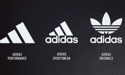 história da logo da Adidas com três listras, trefoil e logotipo de montanha