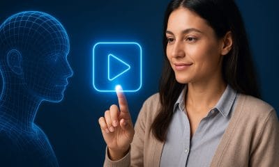 Representação digital de uma cabeça humana em estilo wireframe azul observando um ícone de play holográfico, simbolizando inteligência artificial e publicidade em vídeo.