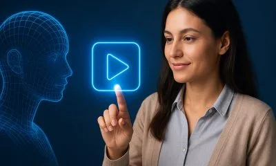 Representação digital de uma cabeça humana em estilo wireframe azul observando um ícone de play holográfico, simbolizando inteligência artificial e publicidade em vídeo.