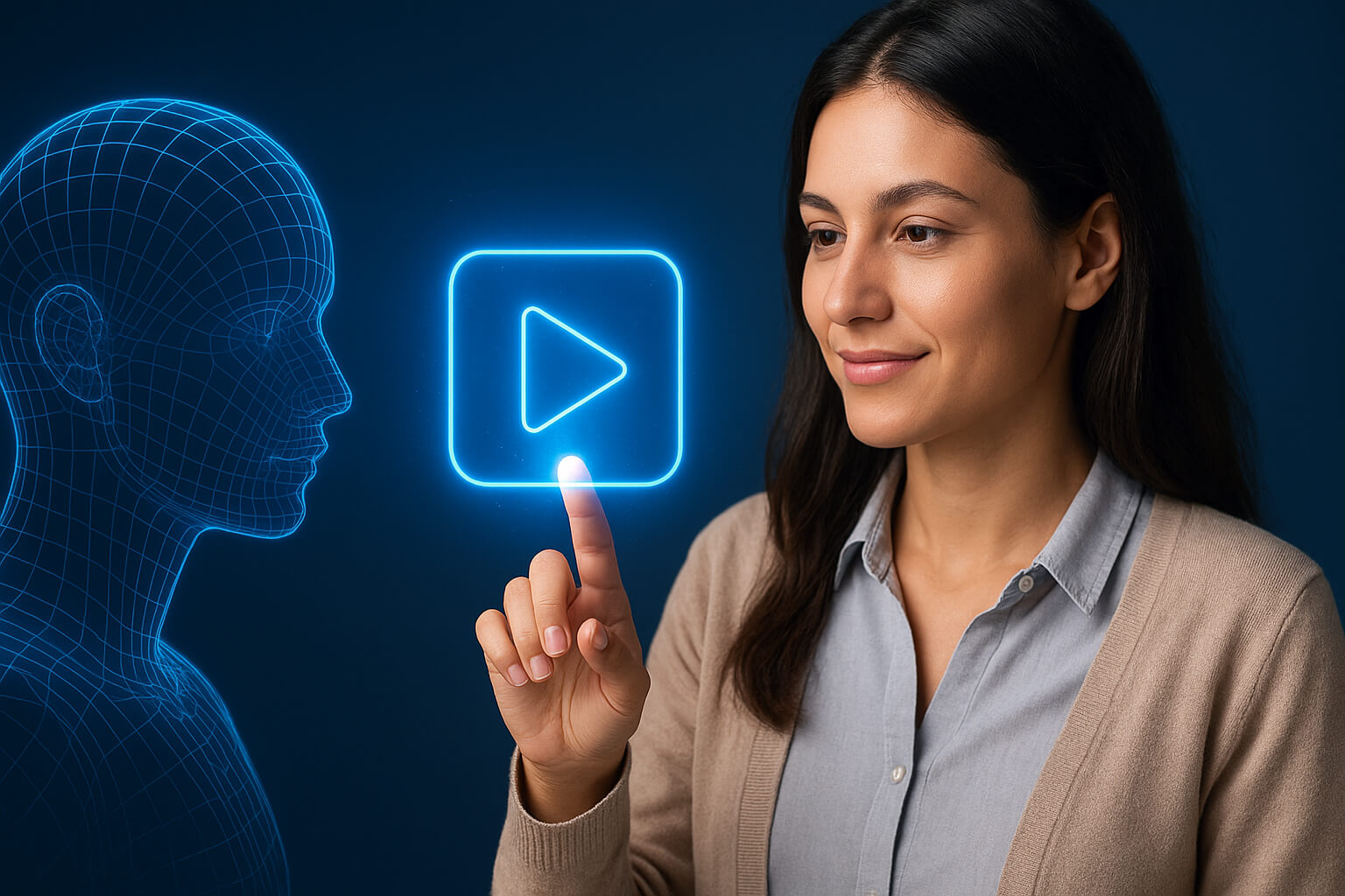 Representação digital de uma cabeça humana em estilo wireframe azul observando um ícone de play holográfico, simbolizando inteligência artificial e publicidade em vídeo.