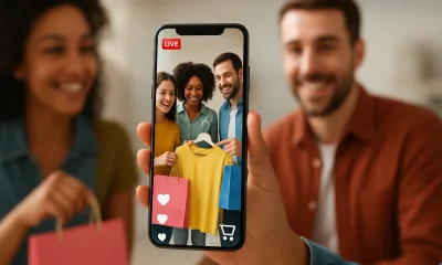 pessoas interagindo em compras ao vivo pelo celular, com ícones de curtidas e carrinho, transmitindo um clima moderno e conectado.