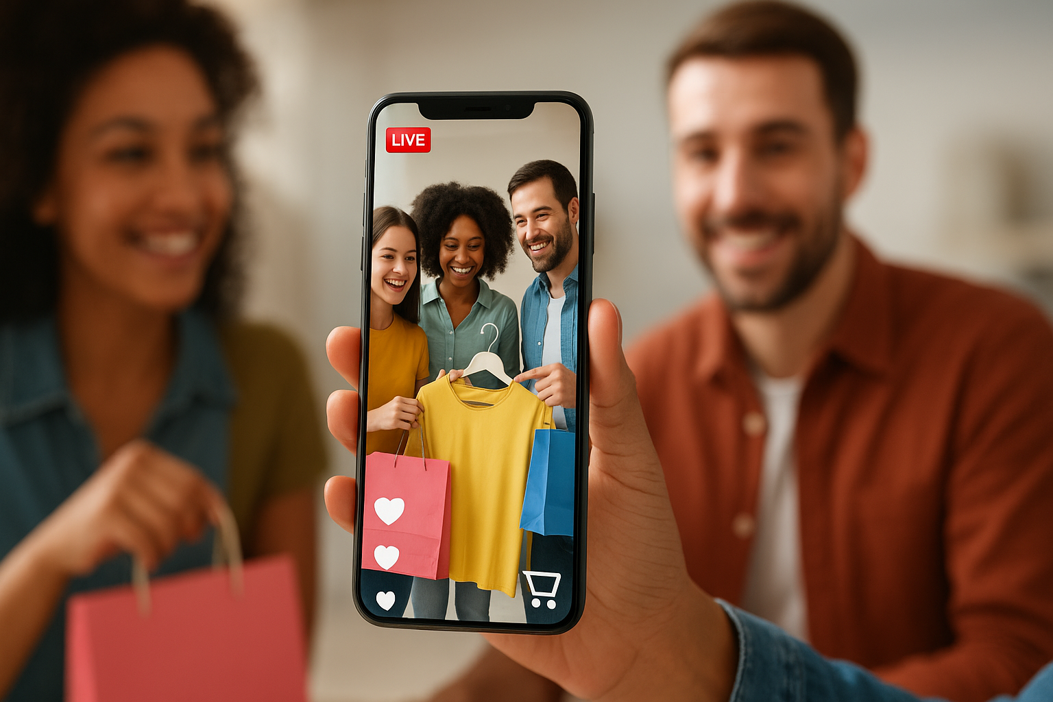 pessoas interagindo em compras ao vivo pelo celular, com ícones de curtidas e carrinho, transmitindo um clima moderno e conectado.
