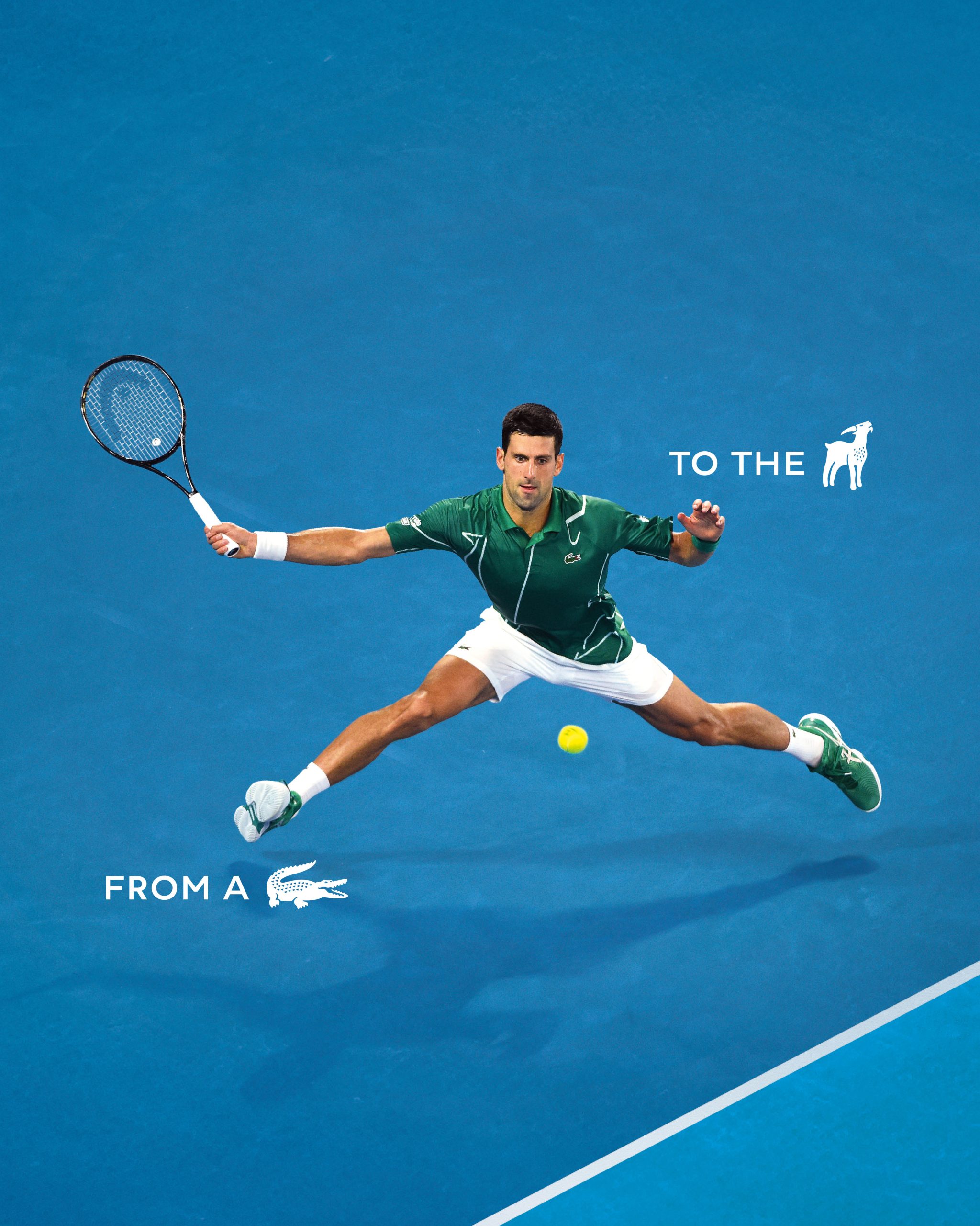 Coleção Lacoste GOAT em homenagem a Novak Djokovic, com logo da cabra substituindo o crocodilo tradicional em peças exclusivas de moda esportiva.