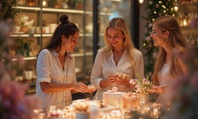 Consumidores comprando presentes personalizados em datas comemorativas com sacolas e vitrine decorada para o varejo