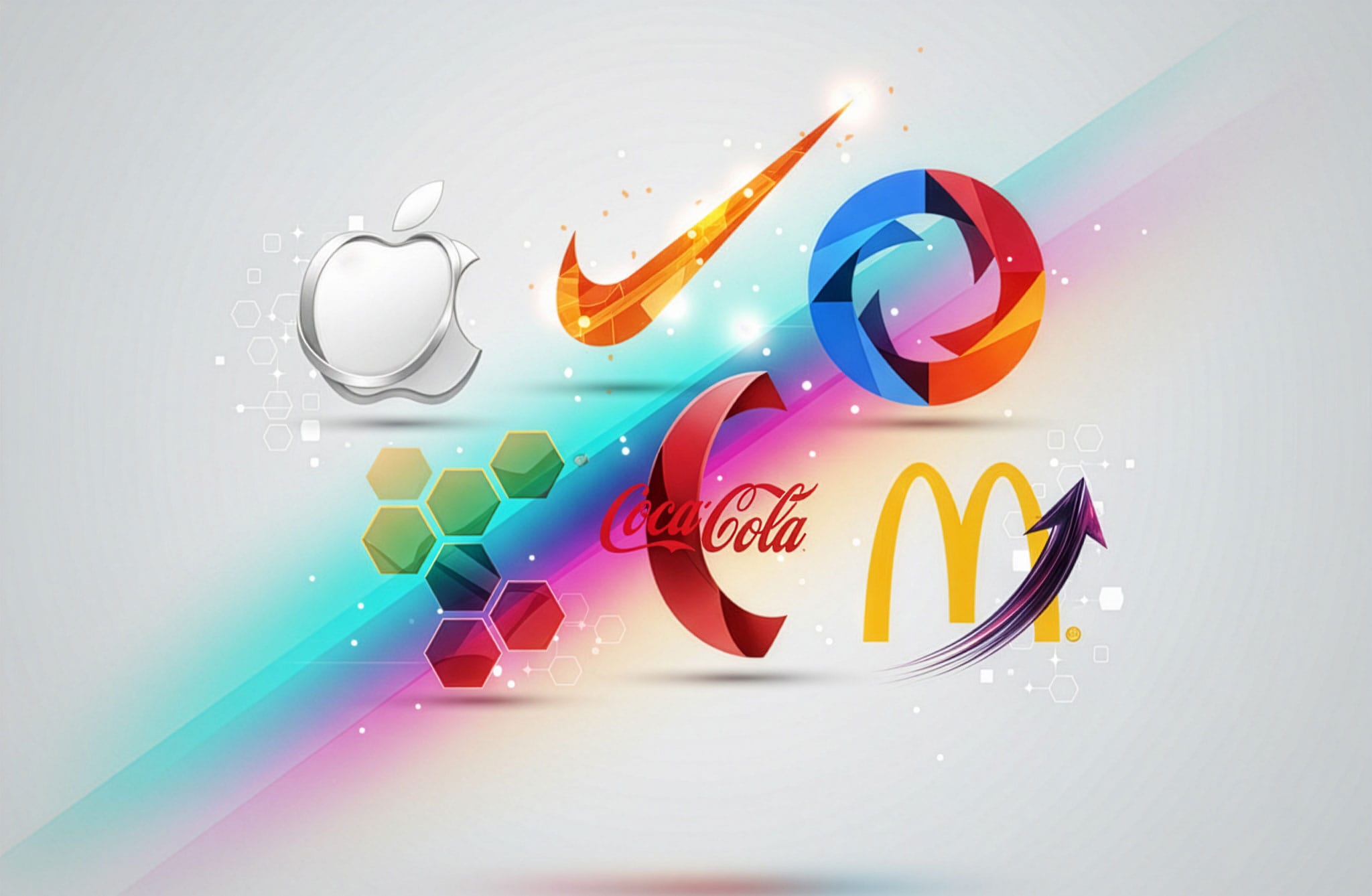 Imagem conceitual sobre os logotipos mais pesquisados do mundo e do Brasil, com elementos de design moderno e cores vibrantes que representam grandes marcas globais.