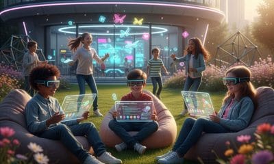 Crianças da Geração Alfa brincando e explorando o mundo físico e digital, representando o conceito de vida figital.