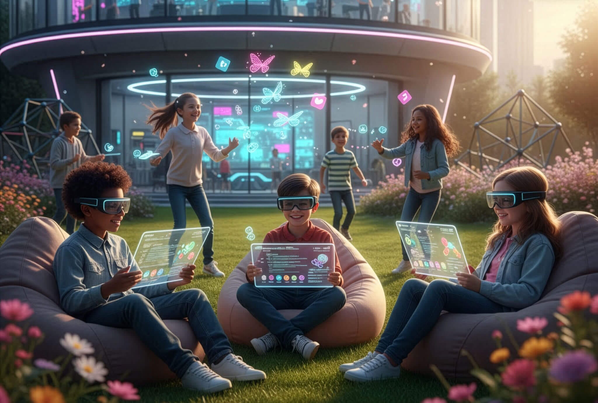 Crianças da Geração Alfa brincando e explorando o mundo físico e digital, representando o conceito de vida figital.