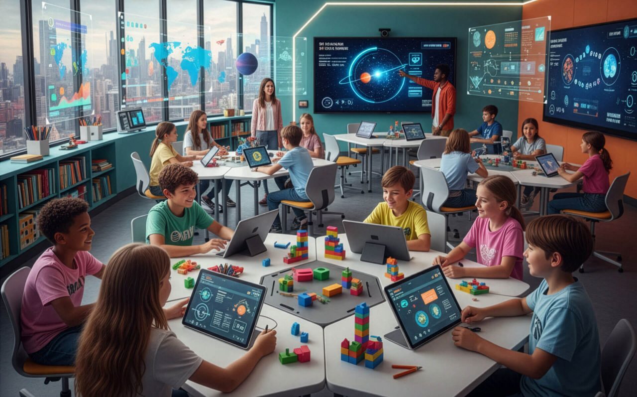 Alunos da Geração Alfa em uma sala de aula futurista e criativa, aprendendo com tecnologia e colaboração.