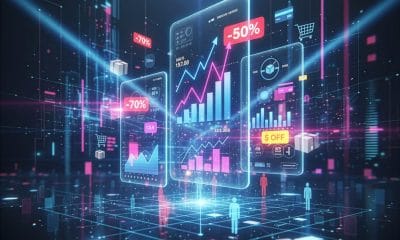 Imagem futurista representando a Black Friday, com elementos digitais como smartphones, gráficos e ícones de desconto em um ambiente moderno e iluminado, simbolizando tecnologia, análise de dados e comportamento do consumidor.