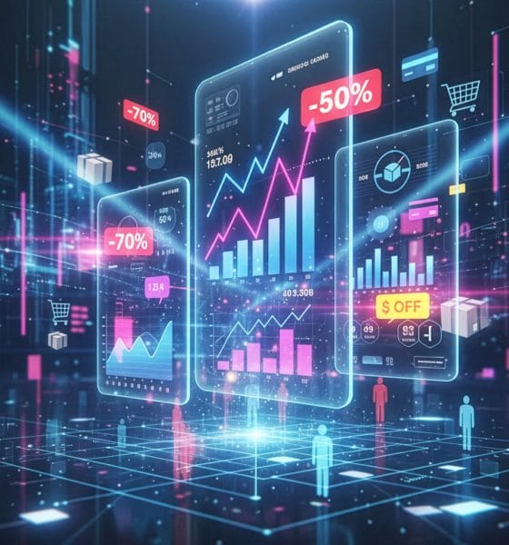 Imagem futurista representando a Black Friday, com elementos digitais como smartphones, gráficos e ícones de desconto em um ambiente moderno e iluminado, simbolizando tecnologia, análise de dados e comportamento do consumidor.