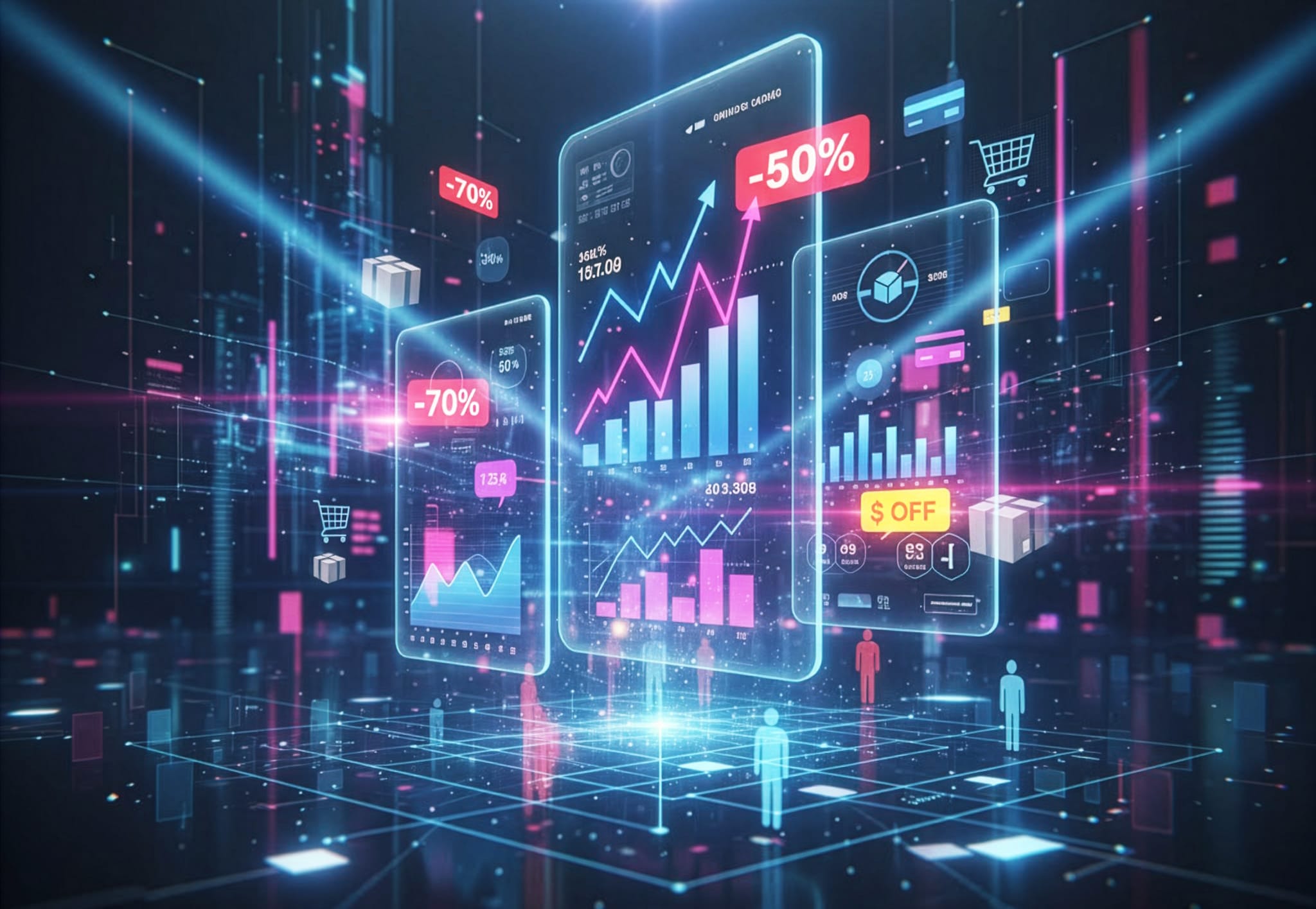 Imagem futurista representando a Black Friday, com elementos digitais como smartphones, gráficos e ícones de desconto em um ambiente moderno e iluminado, simbolizando tecnologia, análise de dados e comportamento do consumidor.
