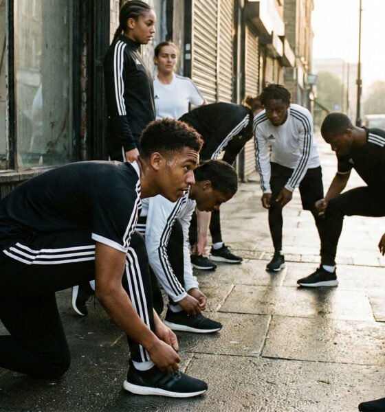 Atletas se preparando para treinar em ambiente urbano, com roupas esportivas de listras brancas, em contraste com uma televisão antiga desligada ao fundo, simbolizando a transição da adidas da TV tradicional para o digital. Adidas parou de investir em TV