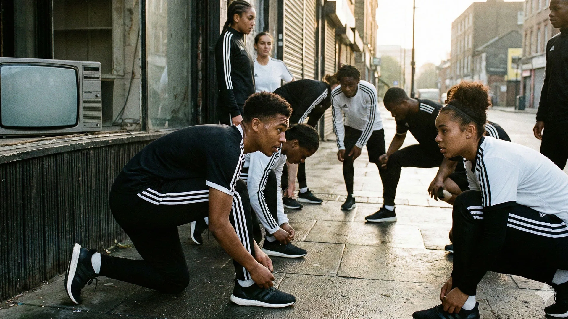 Atletas se preparando para treinar em ambiente urbano, com roupas esportivas de listras brancas, em contraste com uma televisão antiga desligada ao fundo, simbolizando a transição da adidas da TV tradicional para o digital. Adidas parou de investir em TV
