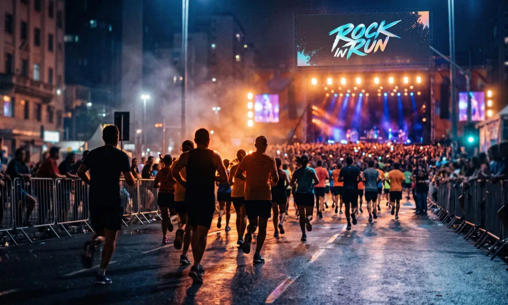 Corredores durante corrida noturna organizada por marca de entretenimento, com show ao fundo