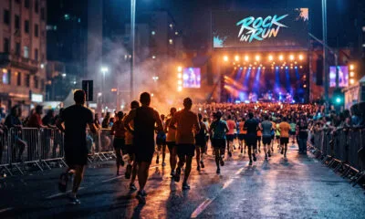 Corredores durante corrida noturna organizada por marca de entretenimento, com show ao fundo