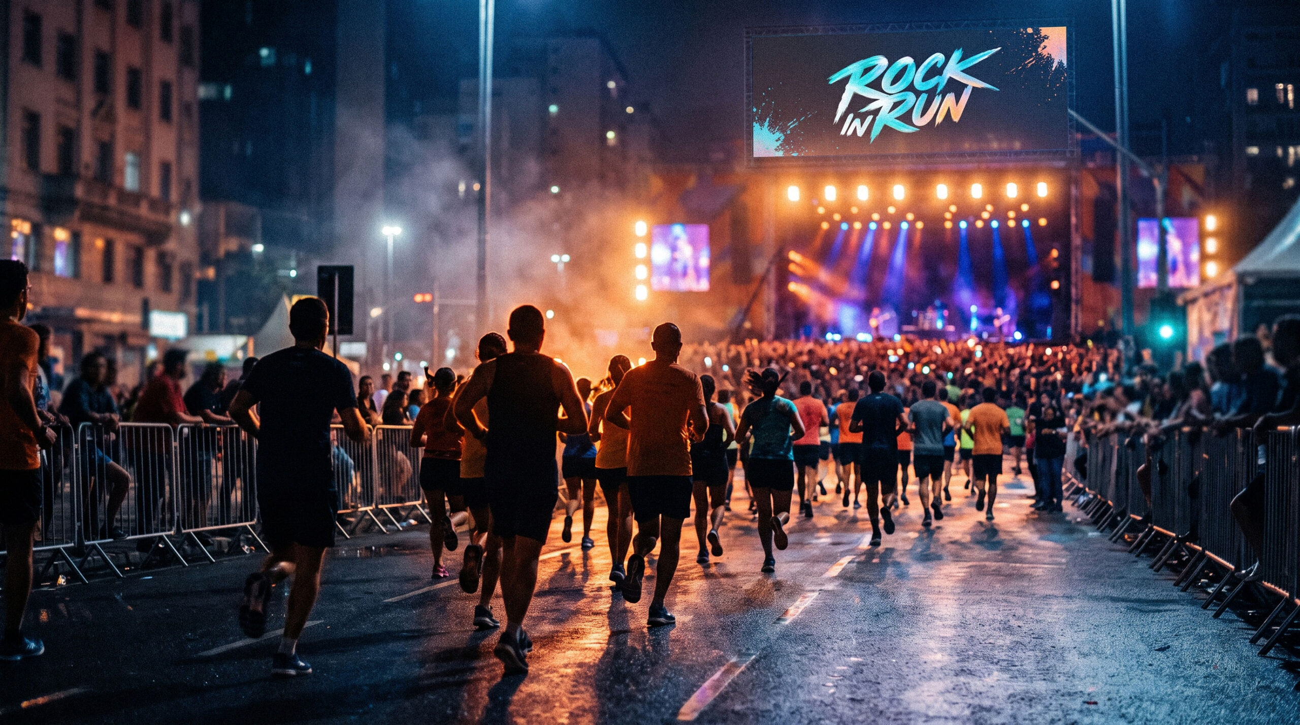 Corredores durante corrida noturna organizada por marca de entretenimento, com show ao fundo