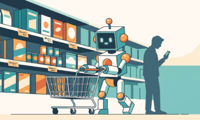 Comércio agêntico: ilustração de um agente de IA que compara produtos e conclui uma compra em nome de uma pessoa