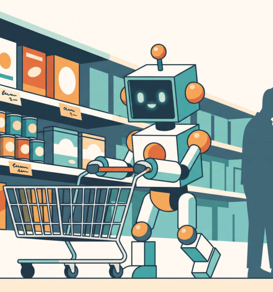Comércio agêntico: ilustração de um agente de IA que compara produtos e conclui uma compra em nome de uma pessoa