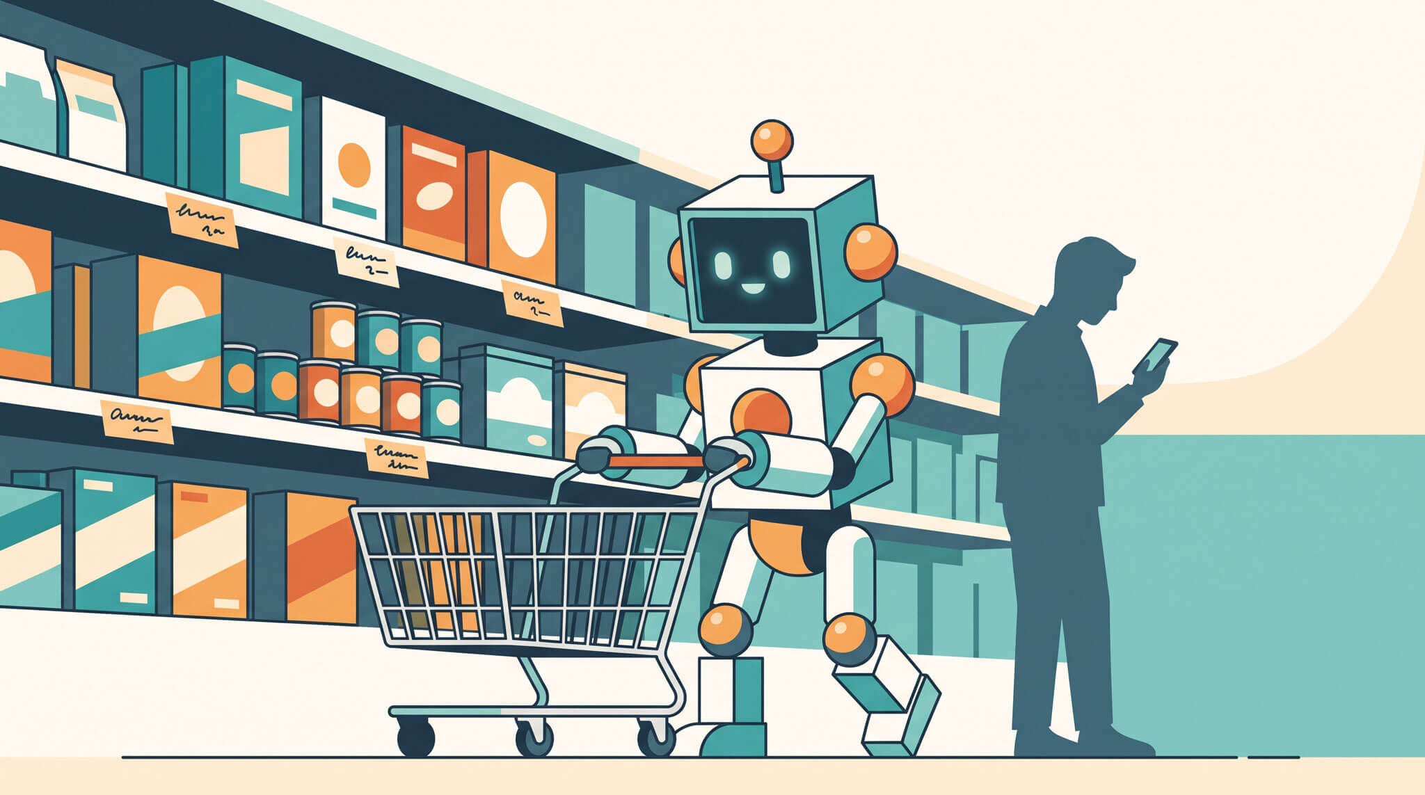 Comércio agêntico: ilustração de um agente de IA que compara produtos e conclui uma compra em nome de uma pessoa