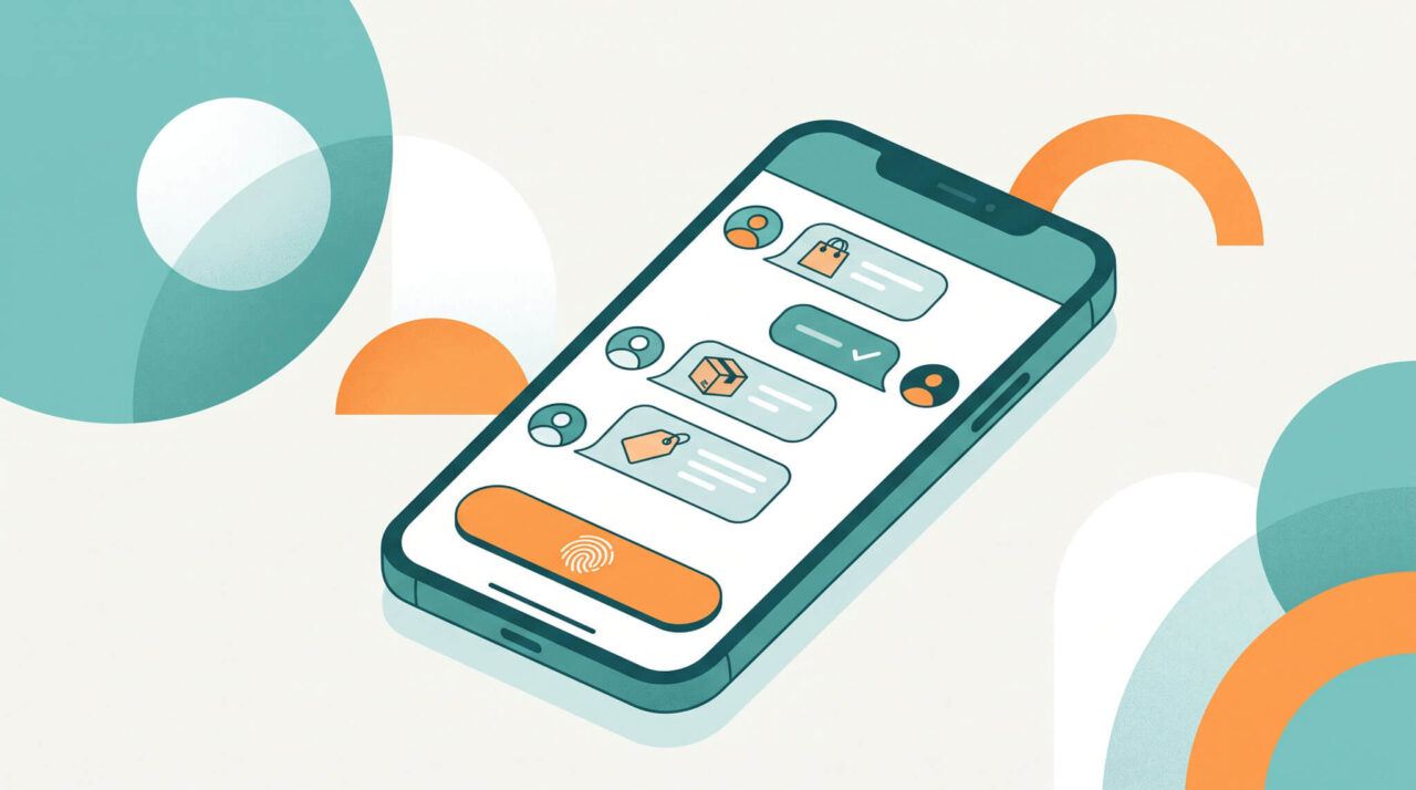 Conversa de compra com assistente de IA no celular, com pagamento aprovado por biometria dentro do aplicativo de mensagens